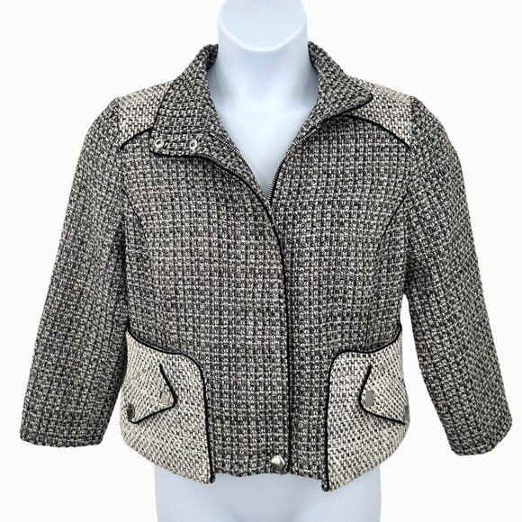 STUNNING CHICO'S BLACK & WHITE METALLIC SILVER THREAD BLAZER JACKET - M - Picture 1 of 4